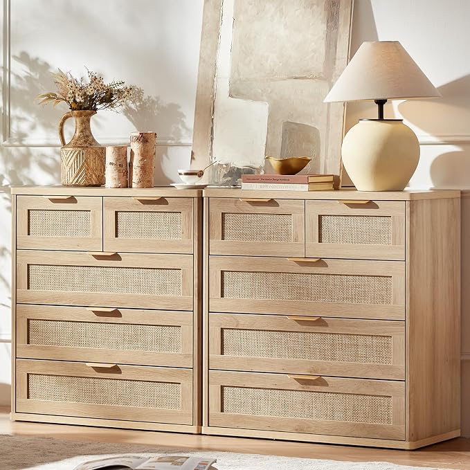 LEYAOYAO Rattan Dresser Set 2 for Bedroom, 33.5" Small Chest of Drawers | Gold - Image 2