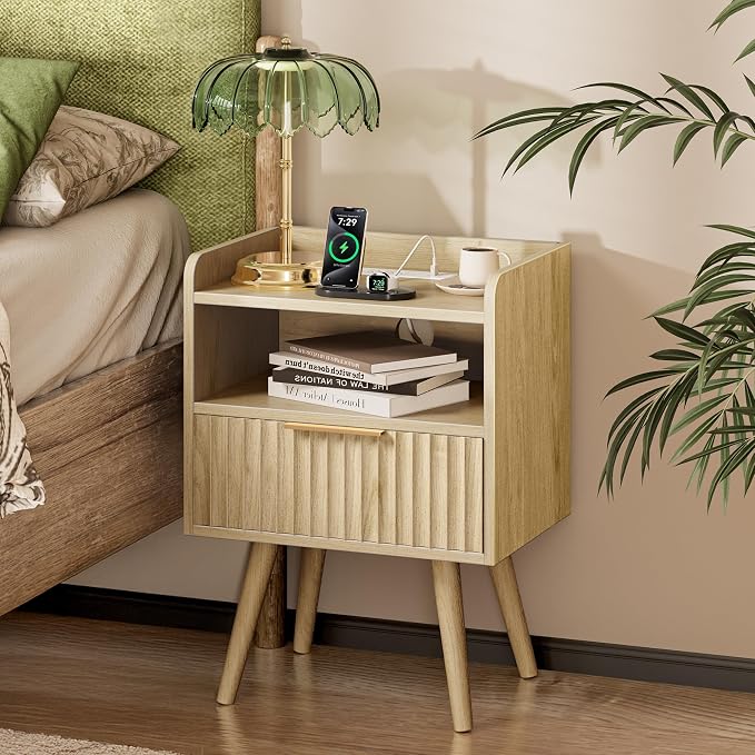 Huuger Nightstand with Charging Station, USB-C Port, End Table | Fluted Night by Huuger