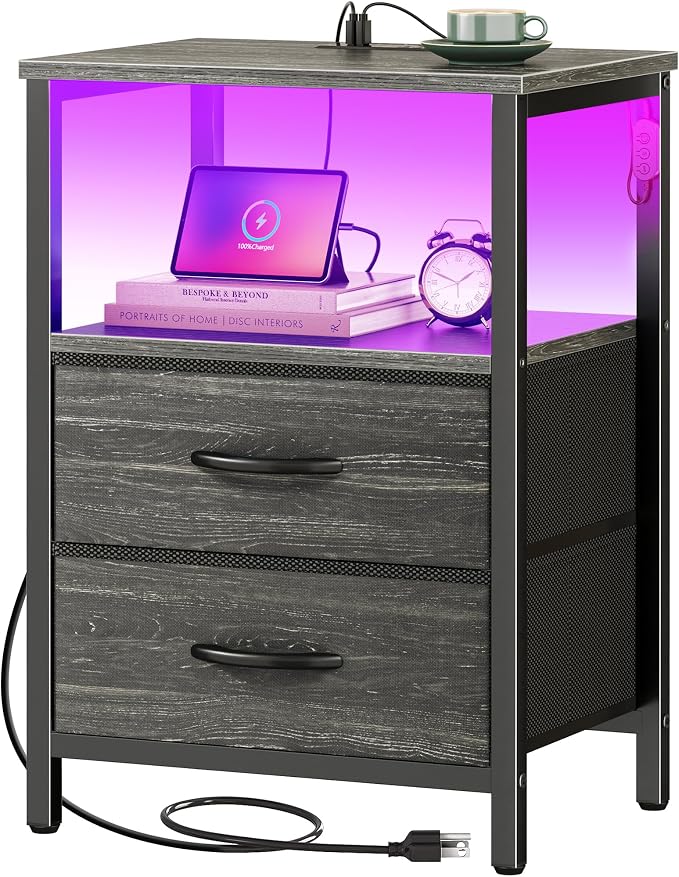 Huuger Night Stand with Charger Station and LED Lights, 2 Drawer Nightstand | by Huuger