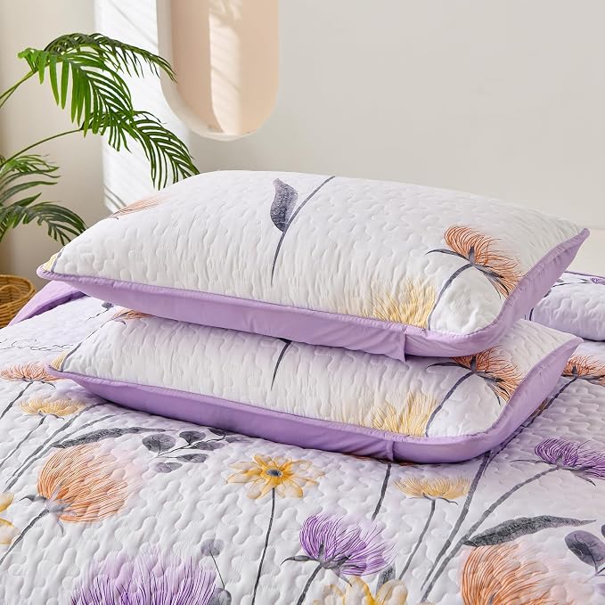 Dinjoy Floral Quilt Set Queen, 3 Pieces Purple Flower Bedspread Coverlet | Soft - Image 7
