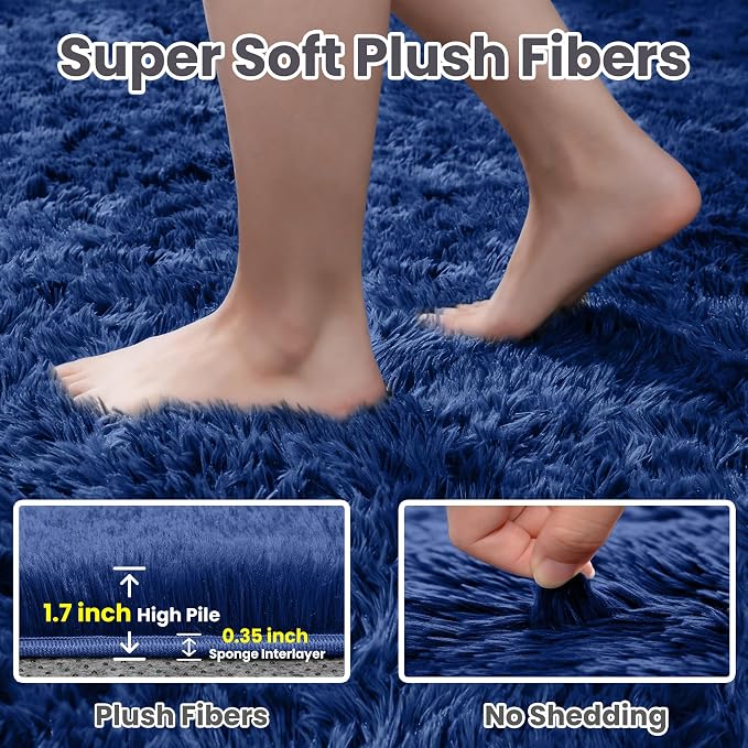 5x8 Fluffy Shag Area Rugs for Living Room Bedroom: Soft Plush Carpet Blue | - Image 5