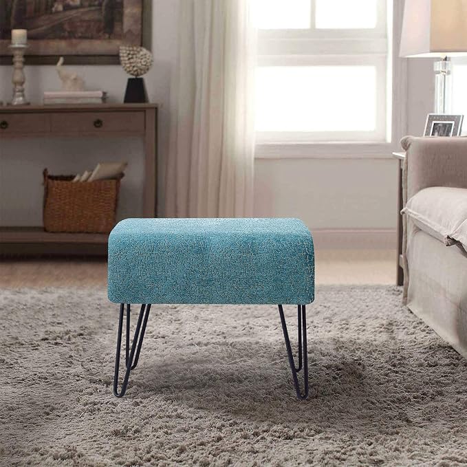 Home Soft Things Blue Jacquard Chenille Ottoman, Babati-Turquoise, Fuzzy Entry - Image 5