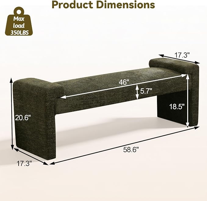 Upholstered Entryway Bench, 58.7" Modern Bedroom Bench, Curved Armrests - Image 2