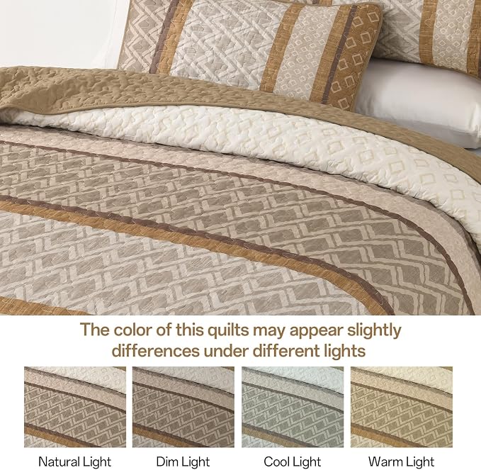 Dinjoy Boho Queen Quilt Set, Striped Bedspread Queen Size, Light Brown Bedding - Image 7