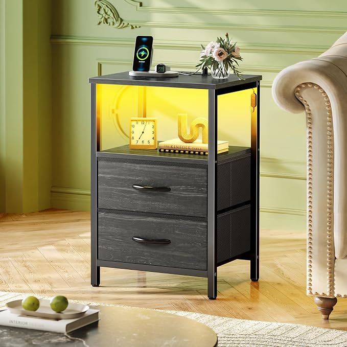 Huuger Night Stand with Charger Station and LED Lights, 2 Drawer Nightstand | - Image 2