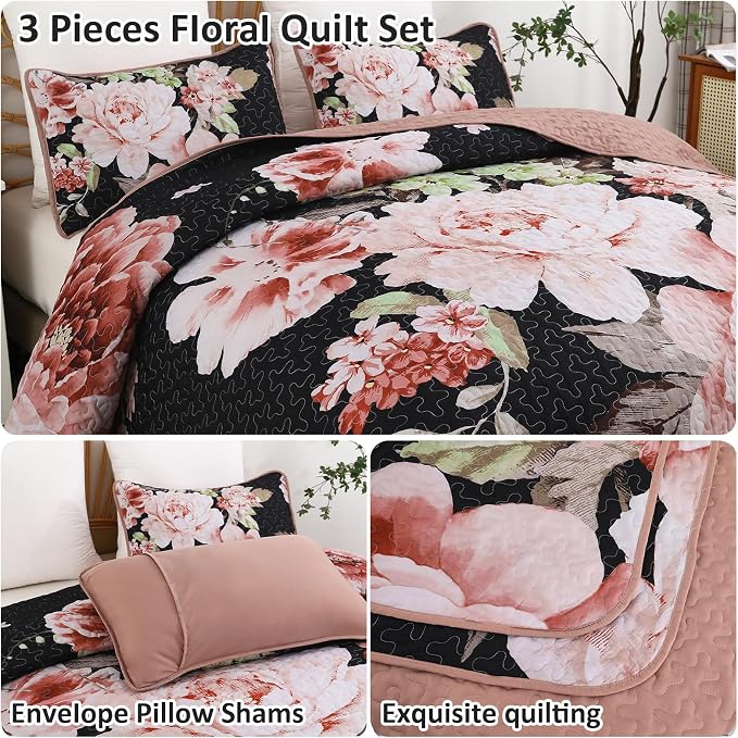 WONGS BEDDING Black Quilt King Size, Lightweight Botanical Coverlet Set - Image 5