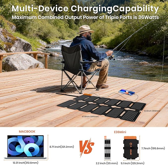 FlexSolar Portable 36W Solar Panel Charger with USB-A and USB-C Ports.1.3lbs,IP57 Waterproof and dustproof, Folded Solar Panel Compatible with Cellphone,Power Bank,Camping Light