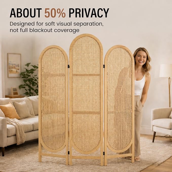 3 Panel Rattan Room Divider Screen, Boho Folding Privacy Screen | Decorative - Image 2
