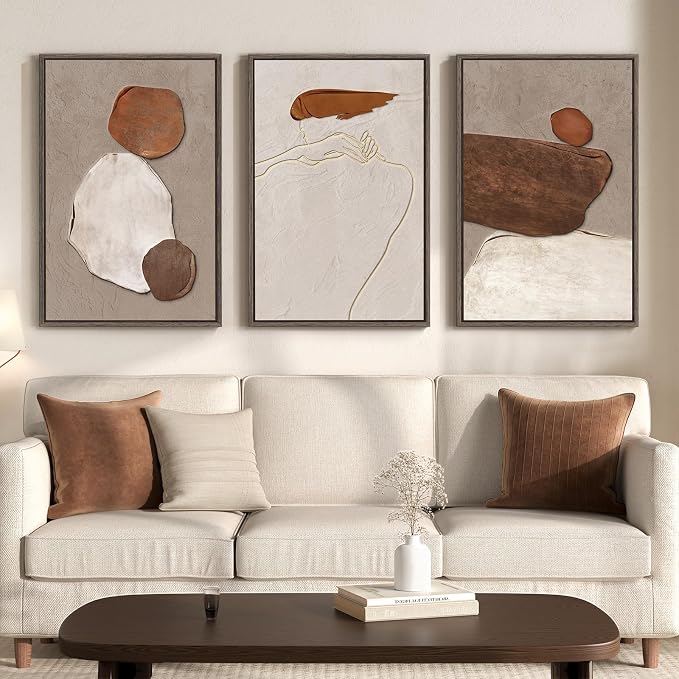 Large Framed Beige and Brown Neutral Abstract Wall Art, 20x30 In | Rustic by Cuspin