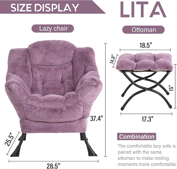 Lazy Chair with Ottoman, Comfy Accent Reading Chair, Plush Purple | Foldable - Image 3