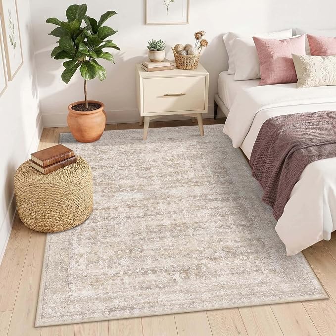 Latte&Fog 4x6 Beige Rugs for Living Room, Vintage Washable Area Rug | Non Slip - Image 4