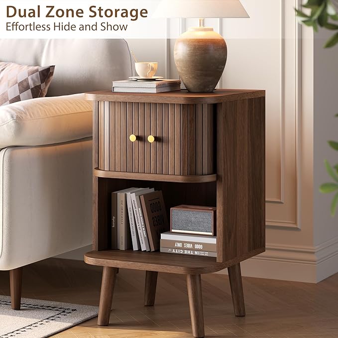 Decofy Fluted Nightstand Set of 2, Charging Station & Sliding Doors, Walnut | - Image 4