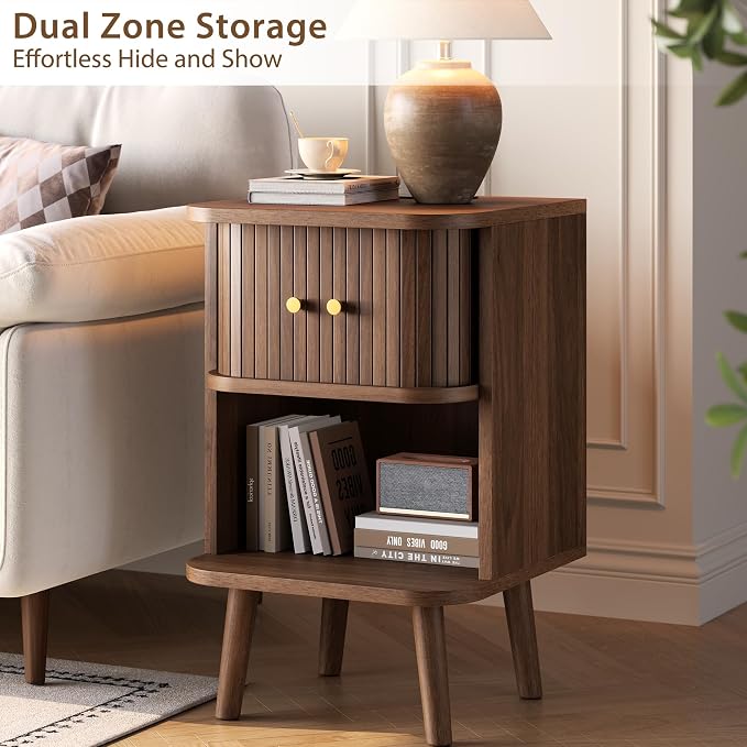 Decofy Fluted Nightstand, Charging Station & Sliding Door, Walnut | Open Shelf - Image 4