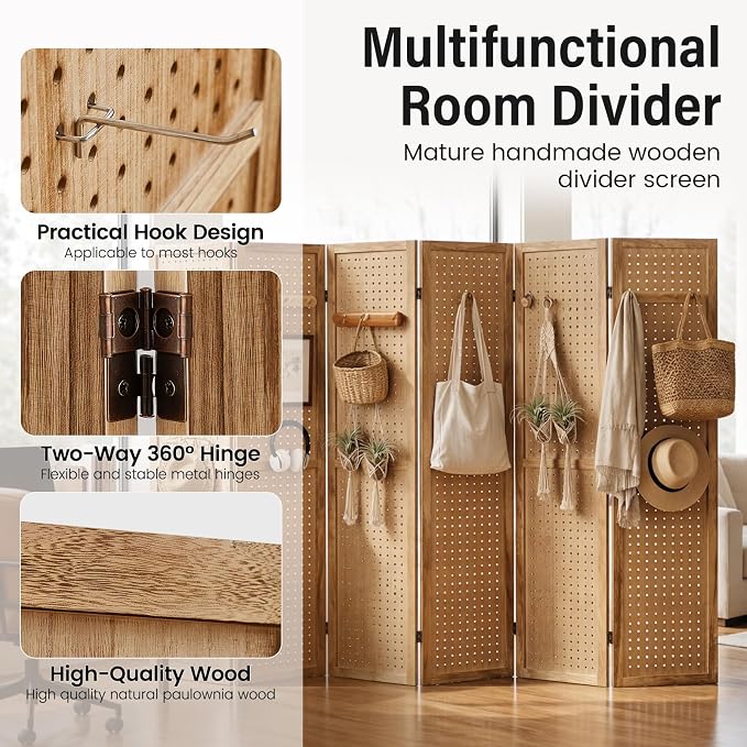 6 Panel Pegboard Room Divider, Folding Privacy Screen, Natural | 5.6 Ft Tall - Image 4