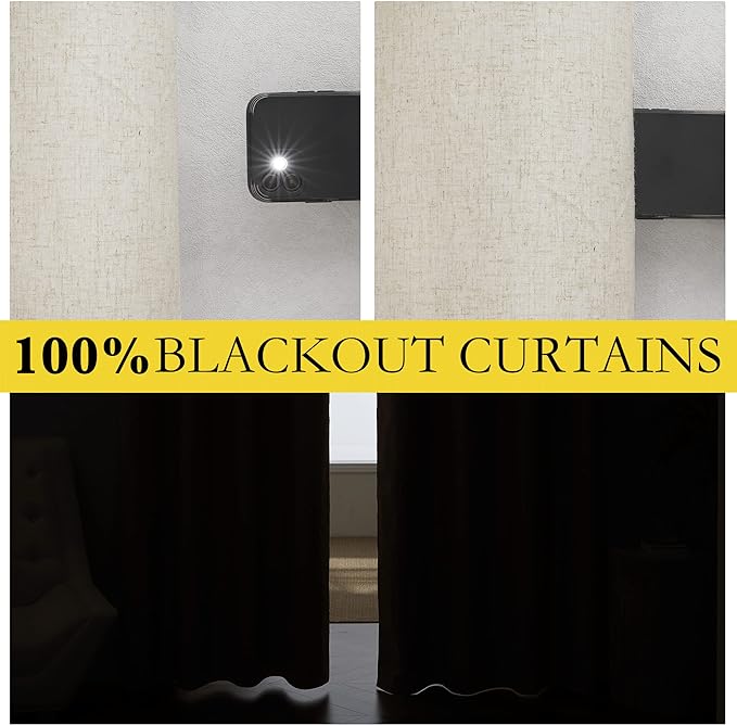 NICETOWN Natural Thick Linen Blend 100% Blackout Curtains 60" Long 2 Panels Set - Image 3