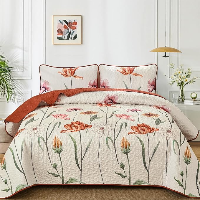 WONGS BEDDING Floral Quilt Set King, Shabby Chic Terracotta Cream Floral by WONGSBEDDING