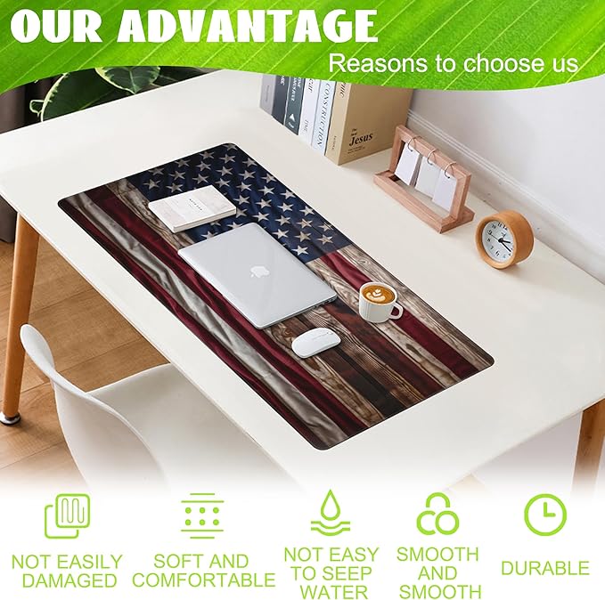 Eflxamz Large Gaming Mouse Pad for Desk,Wooden American Flag Desk Mat,Wooden USA Flag Desk Pad,Extended Big Computer Keyboard Mouse Pad with Non-Slip Base and Stitched Edge,35.4"x15.7"