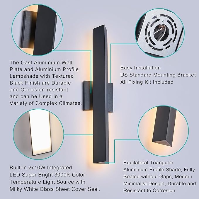 Tarentlight Modern Outdoor Porch Light Patio Lamp in 20W 3000K Integrated LED with Aluminum Triangle & Frosted Glass, IP65 Waterproof Wall Sconce,2 Pack(Textured Black),Can Installed in Any Direction.