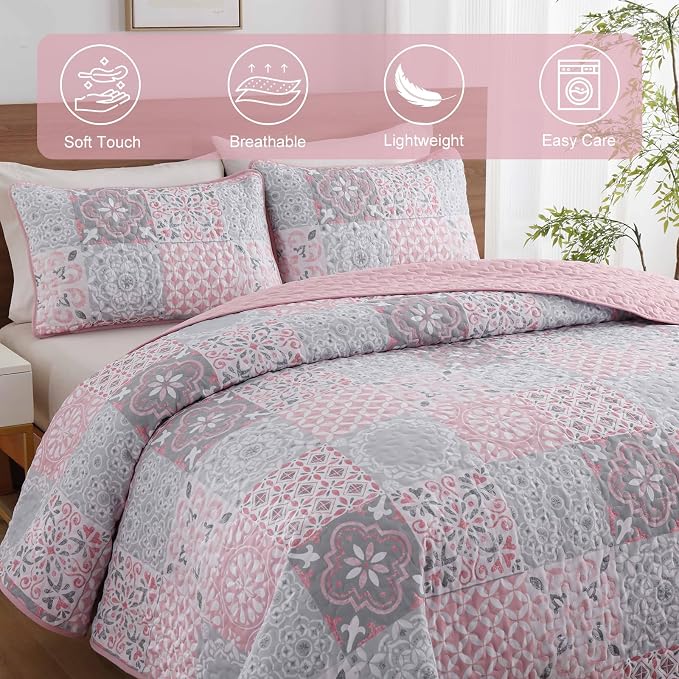 Pink Grey Quilt Set King Size, Boho Plaid Patchwork Bedspread Coverlet Set | - Image 6