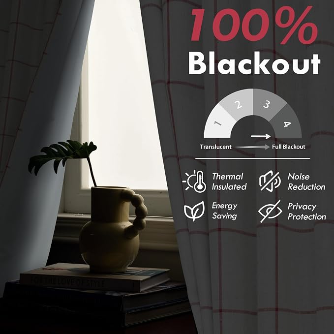 DriftAway 100% Blackout Plaid Linen Curtains 84 Inches Long 2 Panels Red | 100% - Image 5