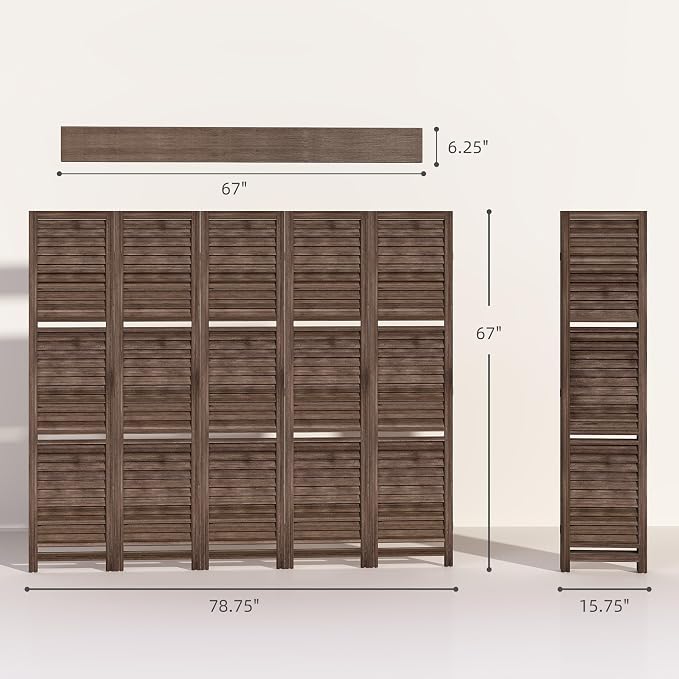 HOMCOM Room Divider 5 Panel 67" Tall Wood Privacy Screen Walnut | 3 Display - Image 7