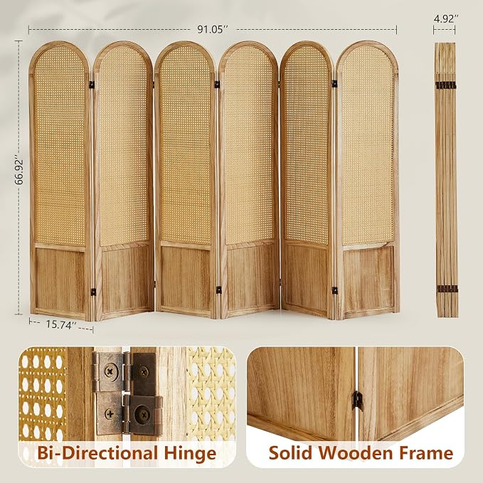 6 Panel Room Dividers and Folding Privacy Screens, Hand-Made Rattan Room Divider - Image 2