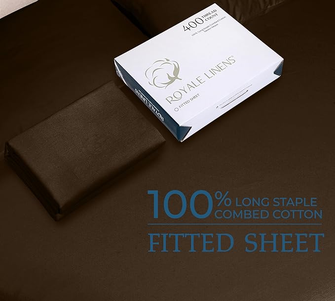 Royale Linens 400 Thread Count 100% American Grown Cotton Fitted Sheet Full Size - All Around Elastic Fitted Sheets - Luxury Sateen Weave - Snug Fit Bottom Sheet Fit Up to 16 Inch (Full, Hazel Nut)