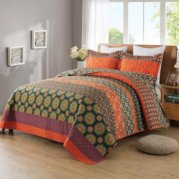 Boho Stripe Quilt Sets Floral Printed Reversible Soft Bohemian Bedding Set by Travan