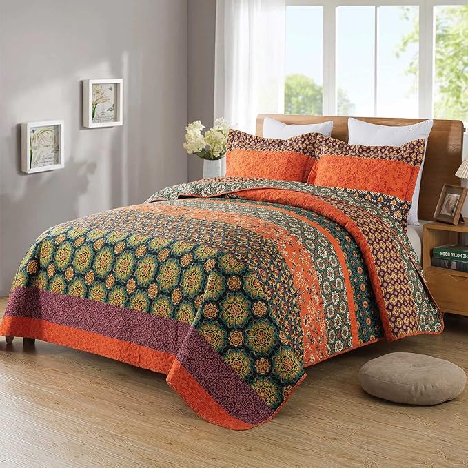 Boho Stripe Quilt Sets Floral Printed Reversible Soft Bohemian Bedding Set by Travan