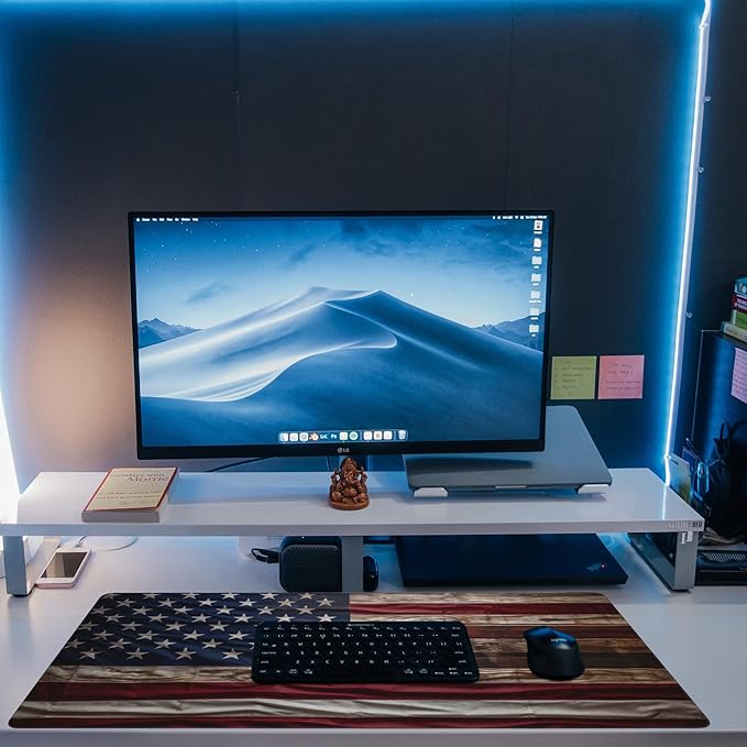 Eflxamz Large Gaming Mouse Pad for Desk,Wooden American Flag Desk Mat,Wooden USA Flag Desk Pad,Extended Big Computer Keyboard Mouse Pad with Non-Slip Base and Stitched Edge,35.4"x15.7"