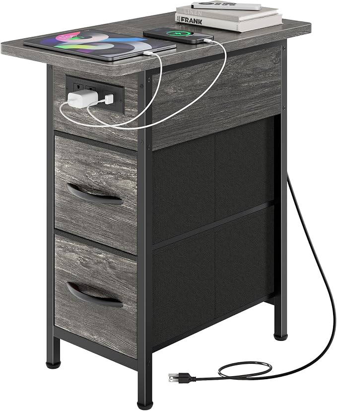 Huuger Narrow End Table with Charging Station, Side Table with 2 Drawers | Slim by Huuger