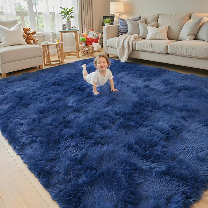 5x8 Royal Blue Shag Area Rug for Living Room, Fluffy Plush Carpet | Non-Slip by Junhejiamei