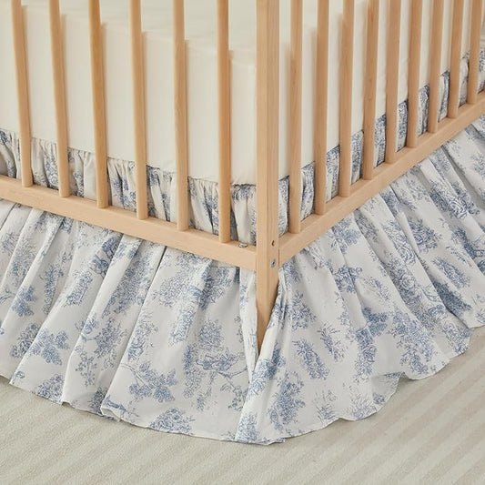 Brandream French Country Toile Floral Print Cotton Crib Skirt Toddler Bedskirt Baby Nursery Crib Bed Skirt Boho Bohemian Neutral Blue Farmhouse Chic Ruffles Skirt