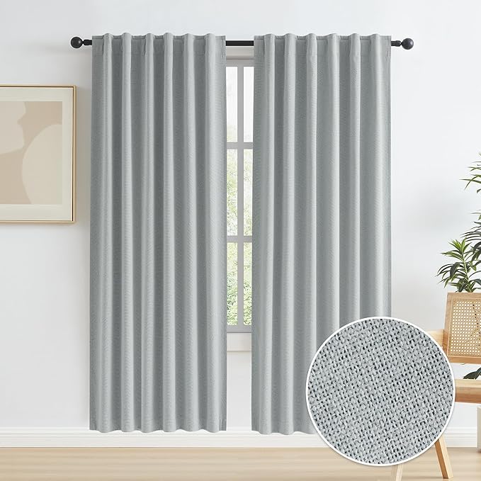 Linen Blackout Curtains 72 Inch Long, Back Tab Rod Pocket Hook Belt, Pair of by KEQIAOSUOCAI