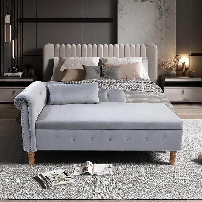 Aoowow Velvet Bedroom Storage Bench End of Bed, Rolled Arm Couch Indoor Chaise - Image 7