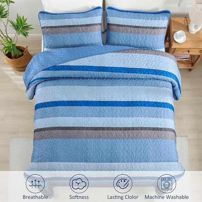 Dobuyly King Size Striped Quilt, Boho Blue Lightweight Bedspread Bedding | - Image 6