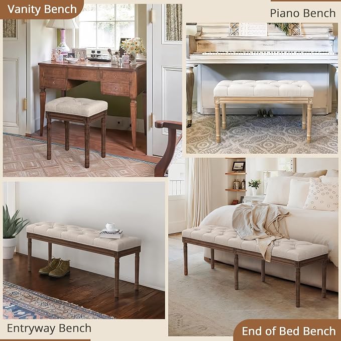 LUE BONA 44" Bedroom Bench, Fabric End of Bed Bench, Upholstered French Tufted - Image 7