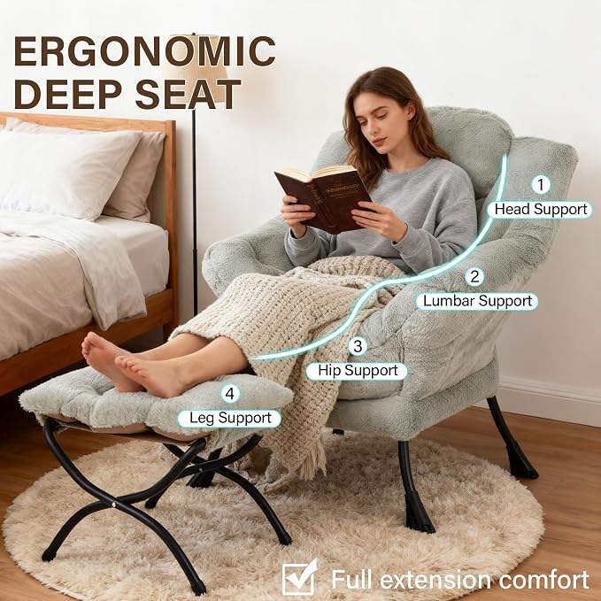 Welnow Lazy Chair with Ottoman, Reading Chair with Footrest, Plush Green | A - Image 9