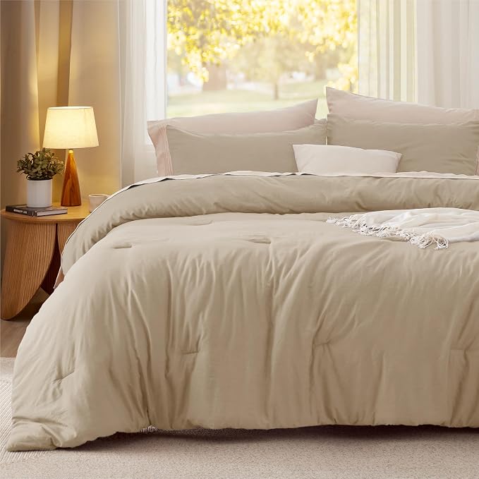 Bedsure Full Comforter Set, Khaki Soft Prewashed Bedding - Image 2