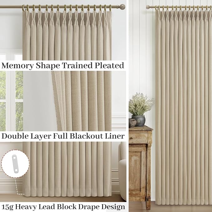 Extra Wide 70 Inch Taupe Pinch Pleat Blackout Curtains 92 Inches Long 2 Panels - Image 4