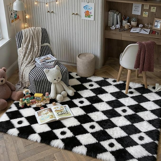 Checkered Rug 4x6 for Kids Room Black and White Soft Shag Rugs | Machine - Image 3