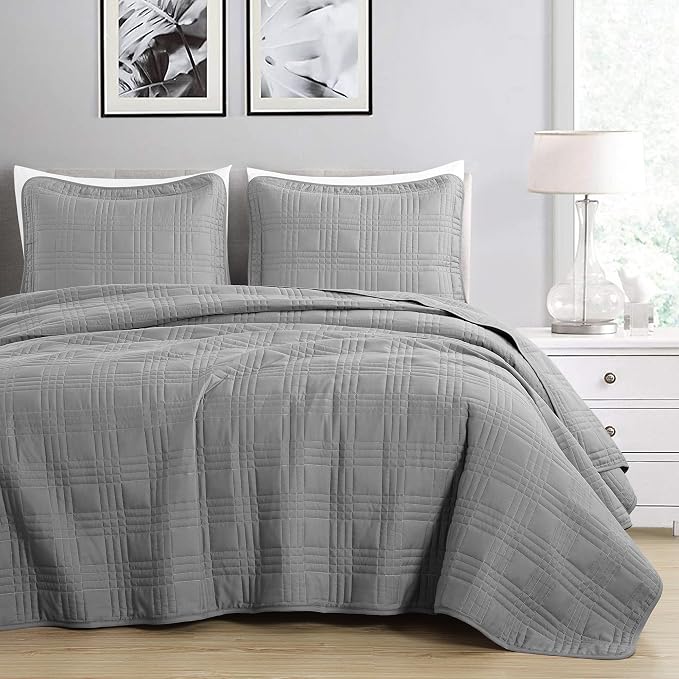 Chezmoi Collection Kingston Queen Size Bedspread Set, 3-Piece Gray Oversized - Image 2