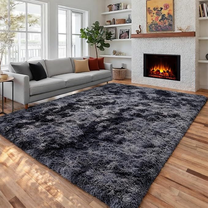 Abstract Soft Shaggy Rugs for Living Room 5x8 Ft, Tie-Dyed Grey Fluffy Rugs for by PAGISOFE