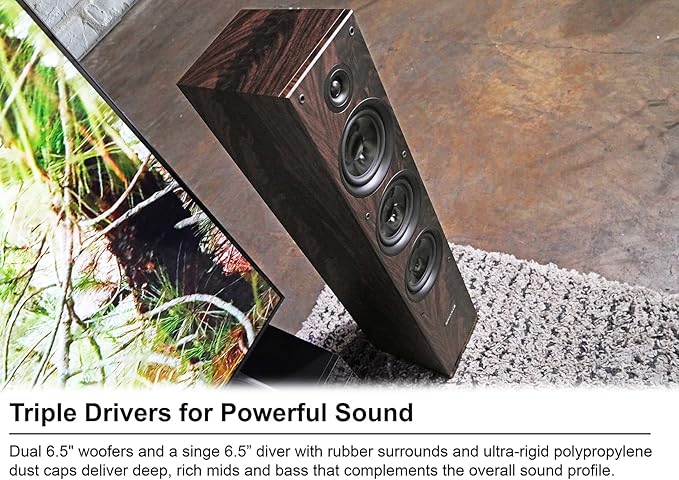 Rockville RockTower 68D 400W Passive Tower Speaker 8 Ohm, Deep Bass, High-Fidelity Sound, Sleek Dark Wood Design, for Home Audio Enthusiasts