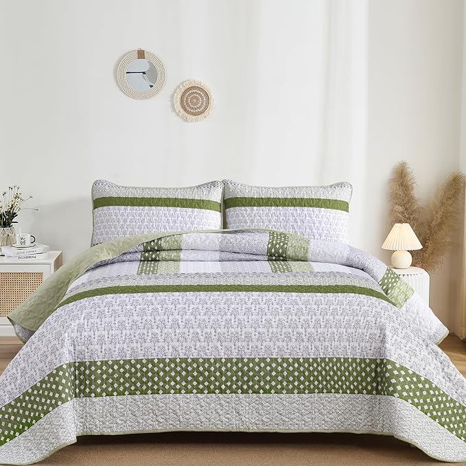 WONGS BEDDING Olive Green Quilt King Size, Bohemian Stripe Bedspread | - Image 9