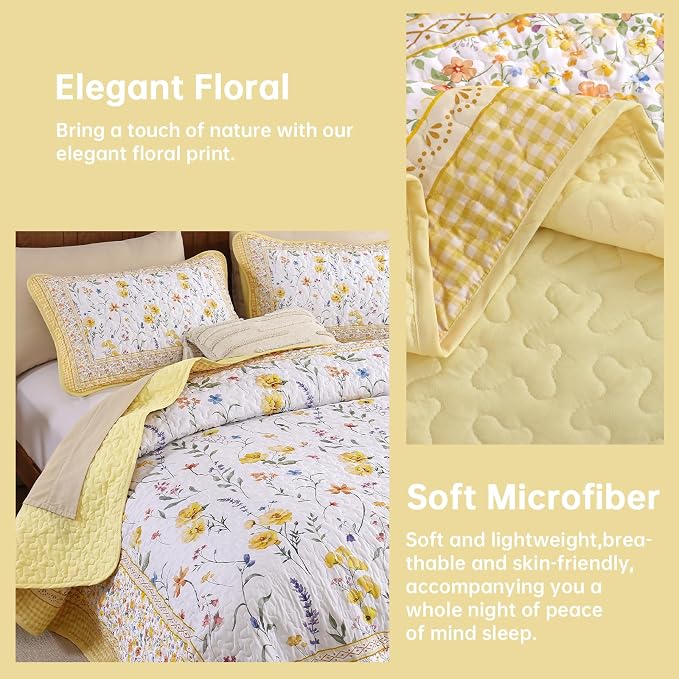 WONGS BEDDING Floral Quilts Set Queen, Microfiber Lightweight Farmhouse Bed - Image 4