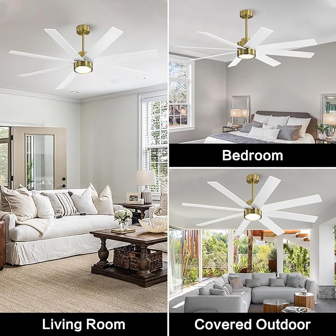 WINGBO 60" Large DC Ceiling Fans with Lights and Remote, 3 Downrods, 8 Plywood Blades, 6-Speeds Reversible DC Motor, 3CCT, Indoor Ceiling Fan for Bedroom Living Room Patio, Brass and White