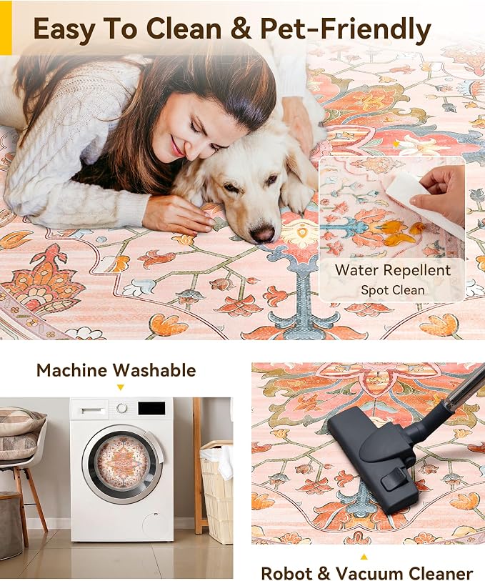 RELEANY Washable Area Rug, Round 4ft, Water Repellent, Pet Friendly, Vintage - Image 4