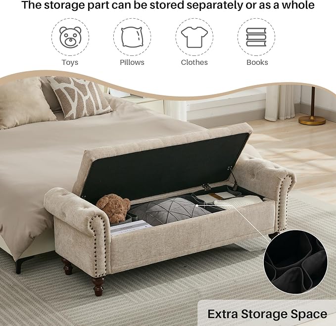 SOFTHION 58.1" Storage Bench for Bedroom, Chenille Cushion, Light Brown | End - Image 3