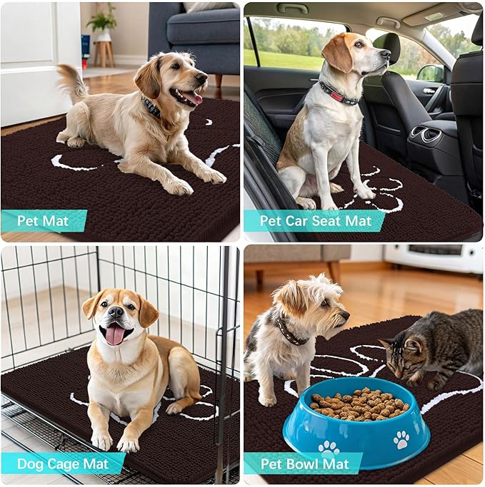 OLANLY Dog Door Mat for Muddy Paws 48x30, Paw Print Design, Absorbs Moisture and Dirt, Absorbent Non-Slip Washable Doormat, Quick Dry Chenille Mud Mat for Dogs, Entry Indoor Entryway Carpet, Brown